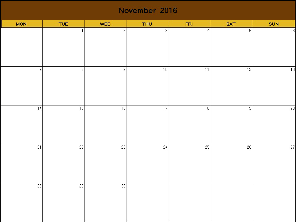 printable blank calendar image for Thanksgiving 2016