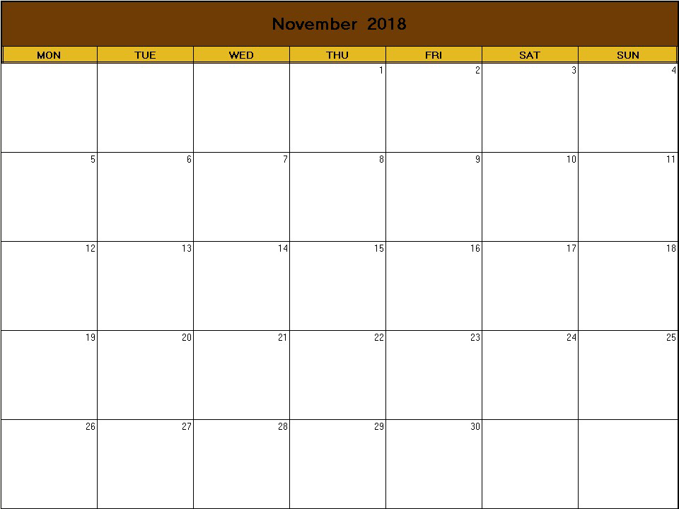 printable blank calendar image for Thanksgiving 2018
