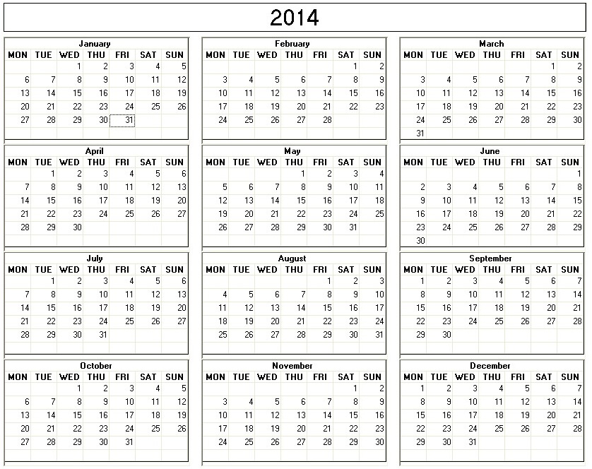2014 printable calendar 