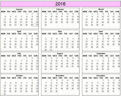 blank calendar,  printable calendar, 2016, image