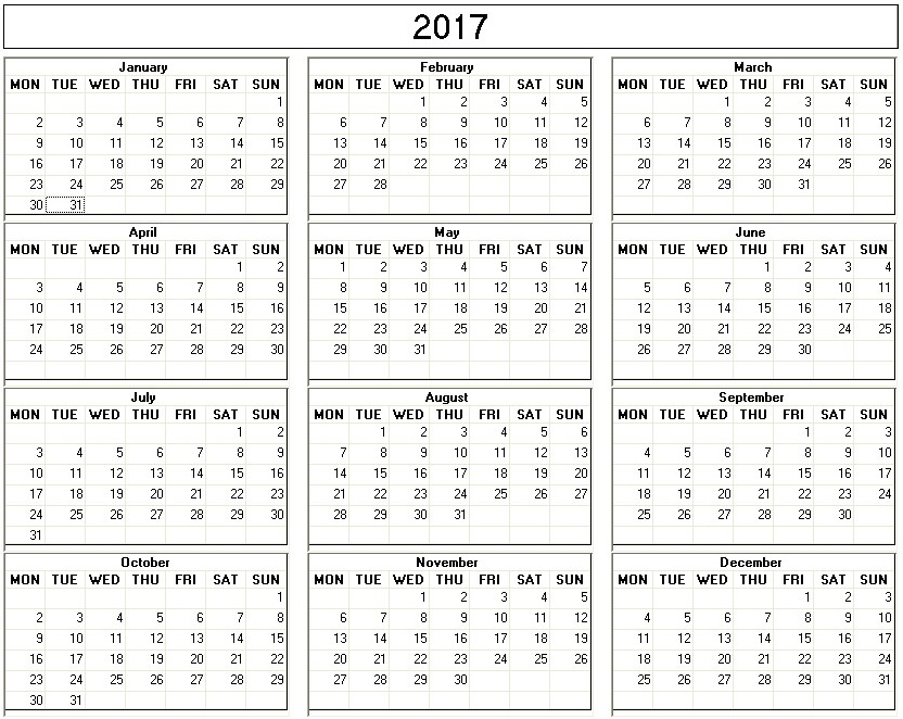 printable blank calendar image for 2017