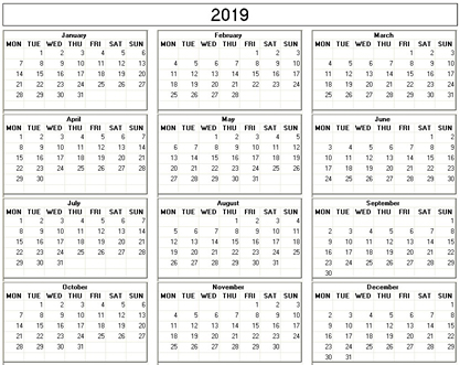 blank calendar,  printable calendar, 2019, image