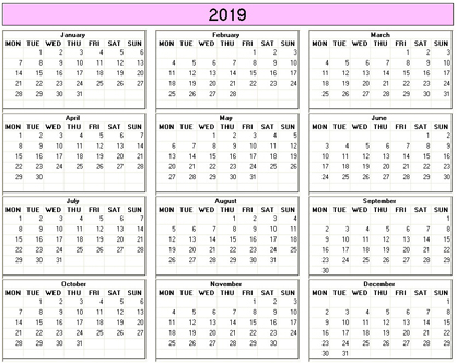 blank calendar,  printable calendar, 2019, image