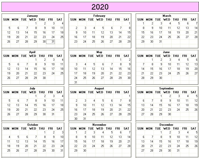 printable blank calendar image for 2020