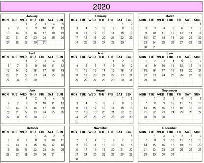 blank calendar,  printable calendar, 2020, image