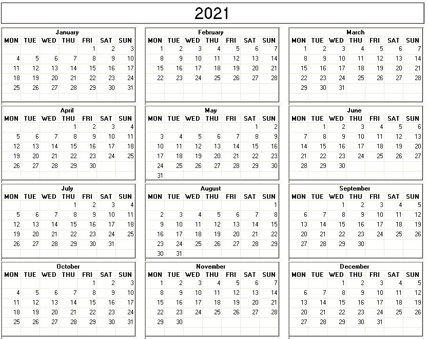printable blank calendar image for 2021