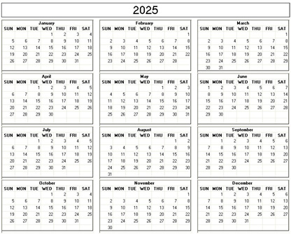 blank calendar,  printable calendar, 2025, image