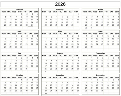 blank calendar,  printable calendar, 2026, image