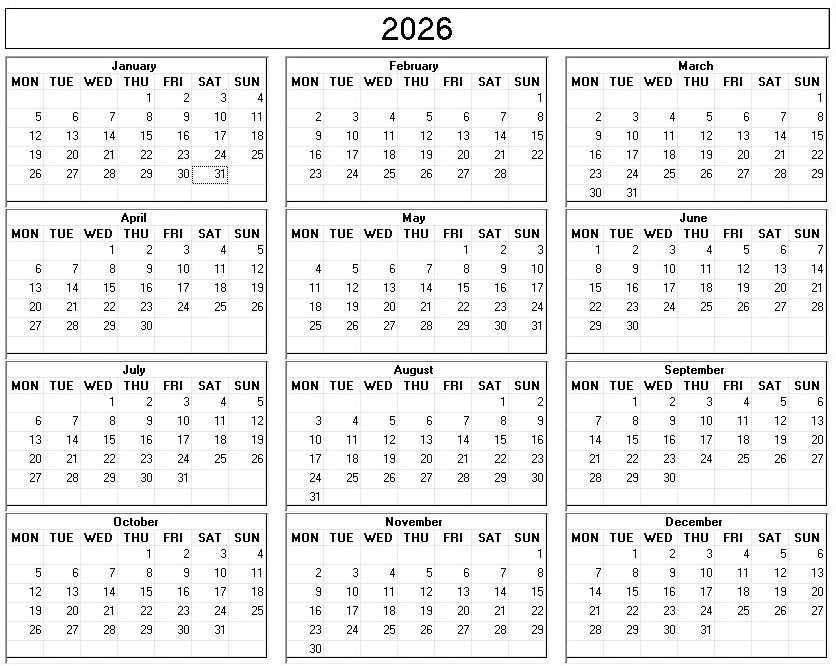 printable blank calendar image for 2026