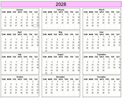 blank calendar,  printable calendar, 2026, image