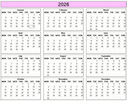 blank calendar,  printable calendar, 2026, image