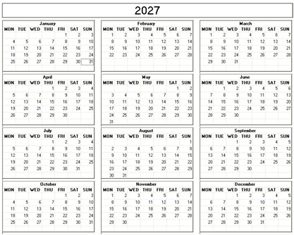 blank calendar,  printable calendar, 2027, image
