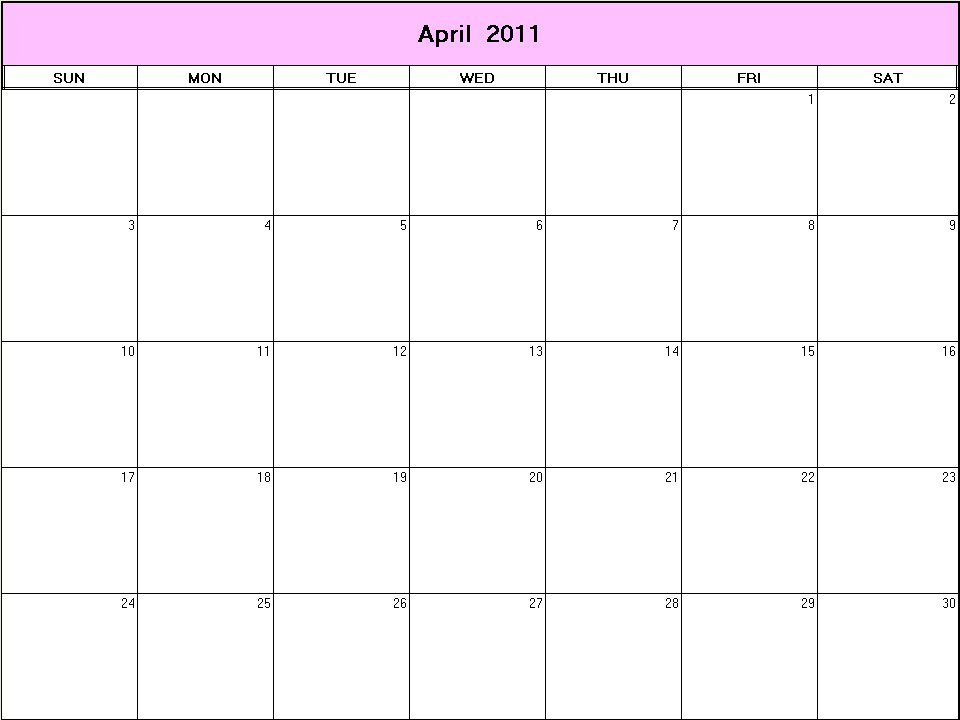 printable blank calendar image for April 2011