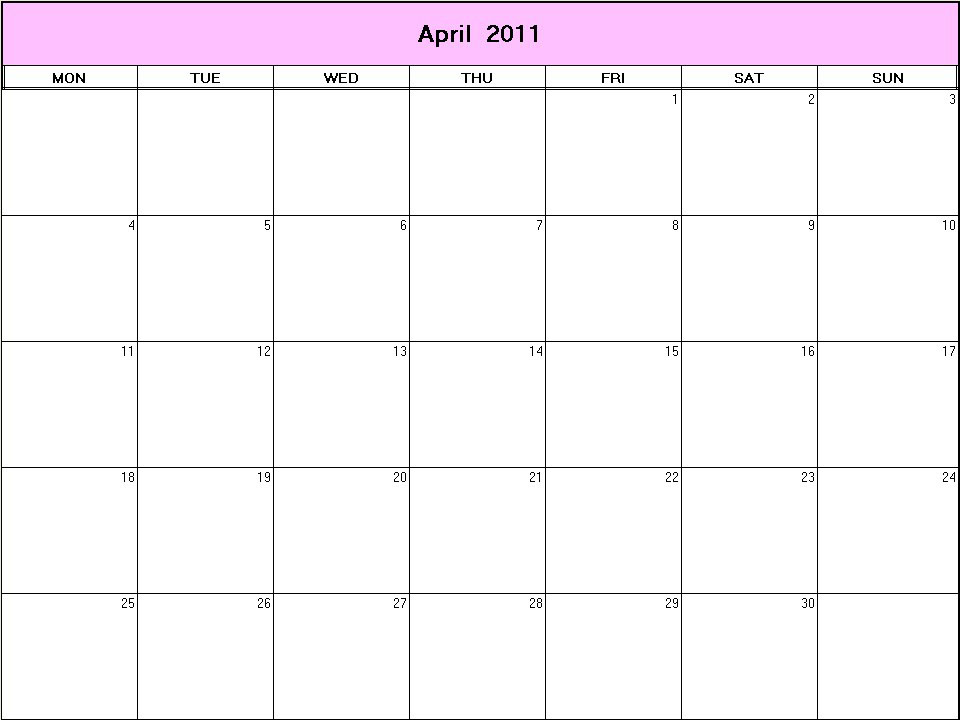 printable blank calendar image for April 2011