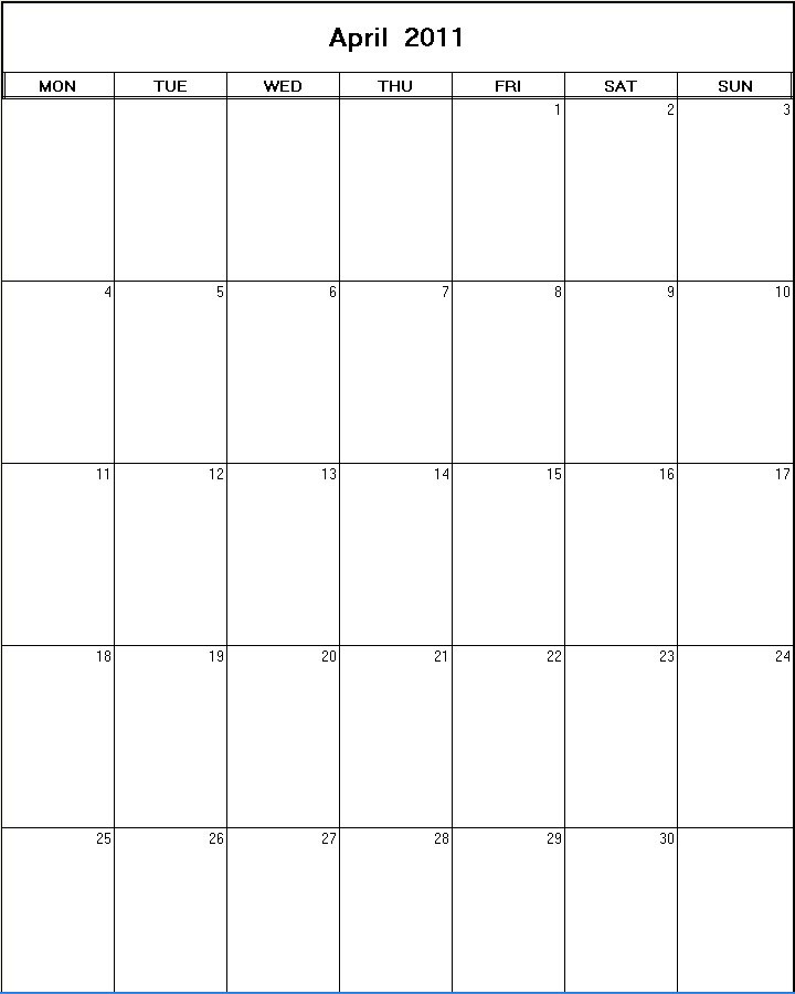 printable blank calendar image for April 2011
