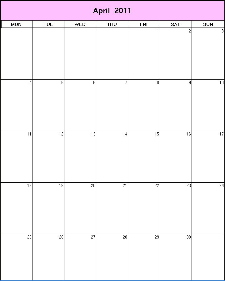 printable blank calendar image for April 2011