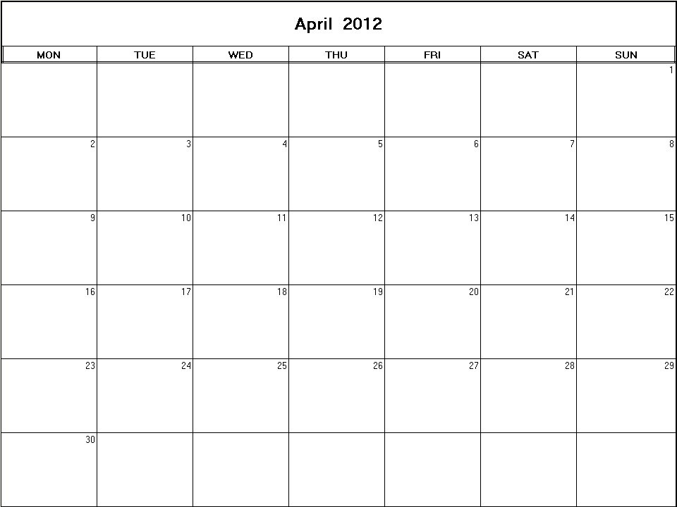 printable blank calendar image for April 2012