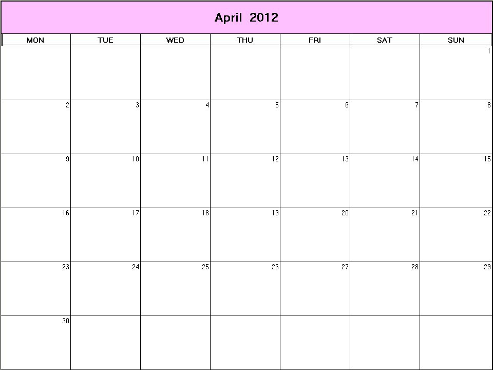 printable blank calendar image for April 2012