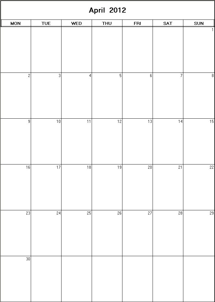 printable blank calendar image for April 2012