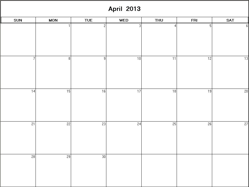 printable blank calendar image for April 2013