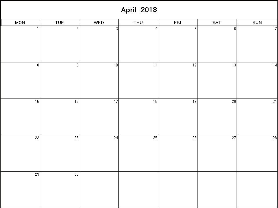 printable blank calendar image for April 2013