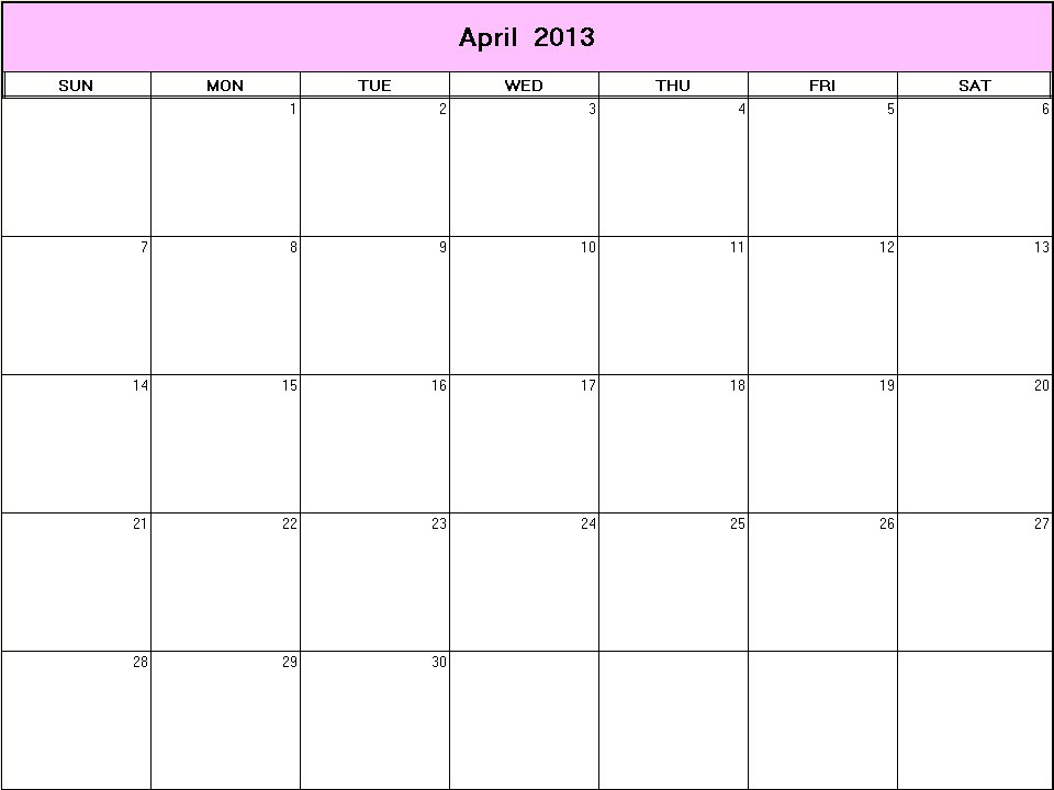 printable blank calendar image for April 2013