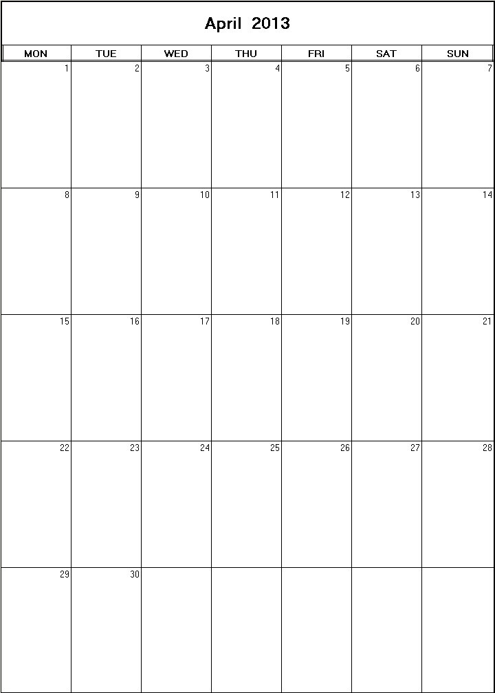 printable blank calendar image for April 2013