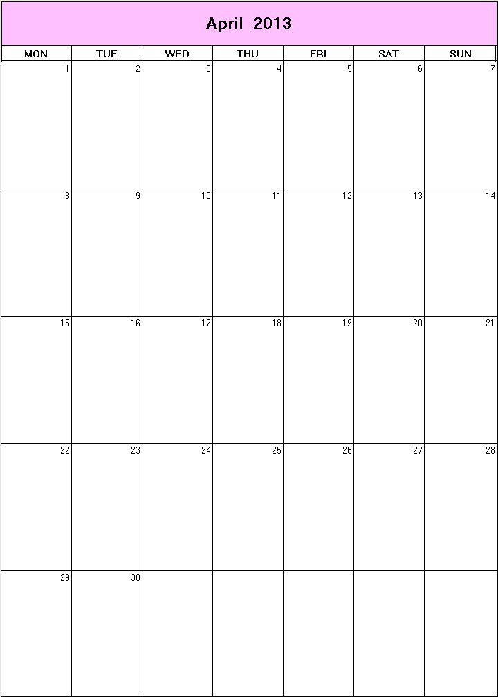 printable blank calendar image for April 2013