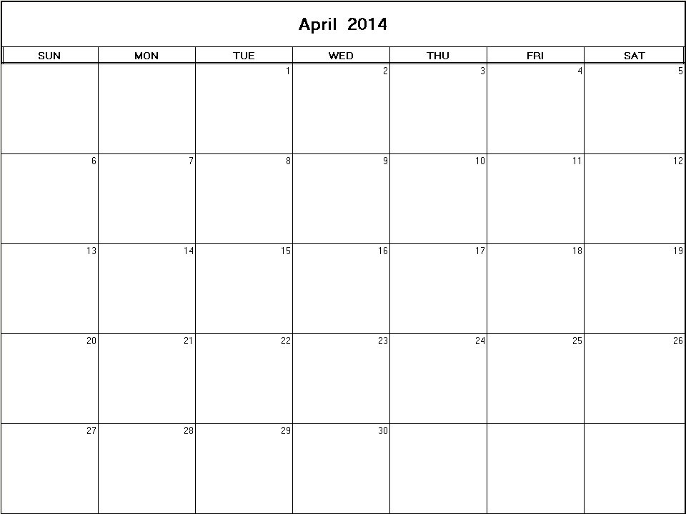 printable blank calendar image for April 2014