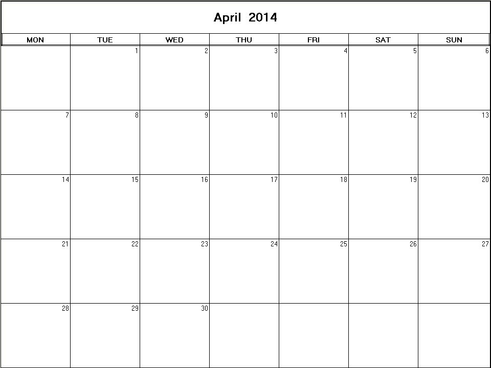 printable blank calendar image for April 2014