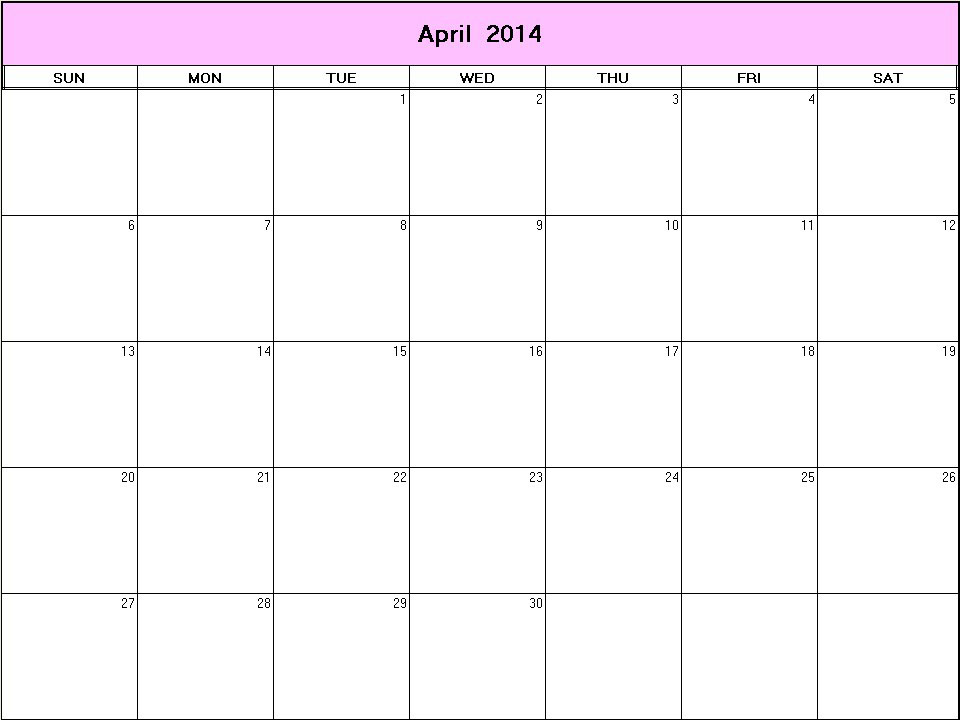 printable blank calendar image for April 2014
