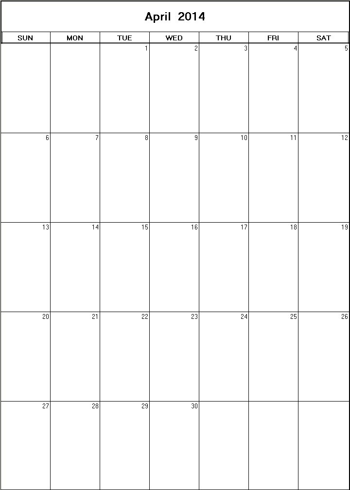 printable blank calendar image for April 2014