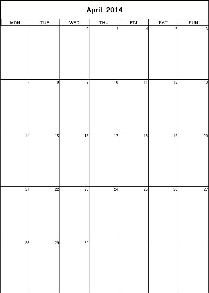 printable blank calendar image for April 2014