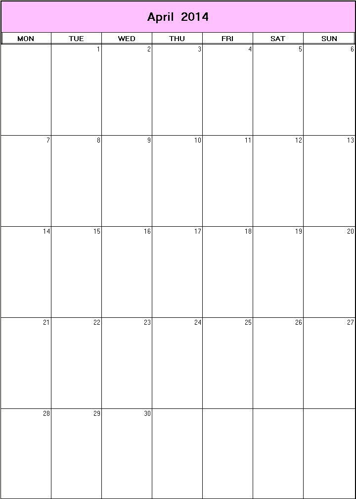 printable blank calendar image for April 2014