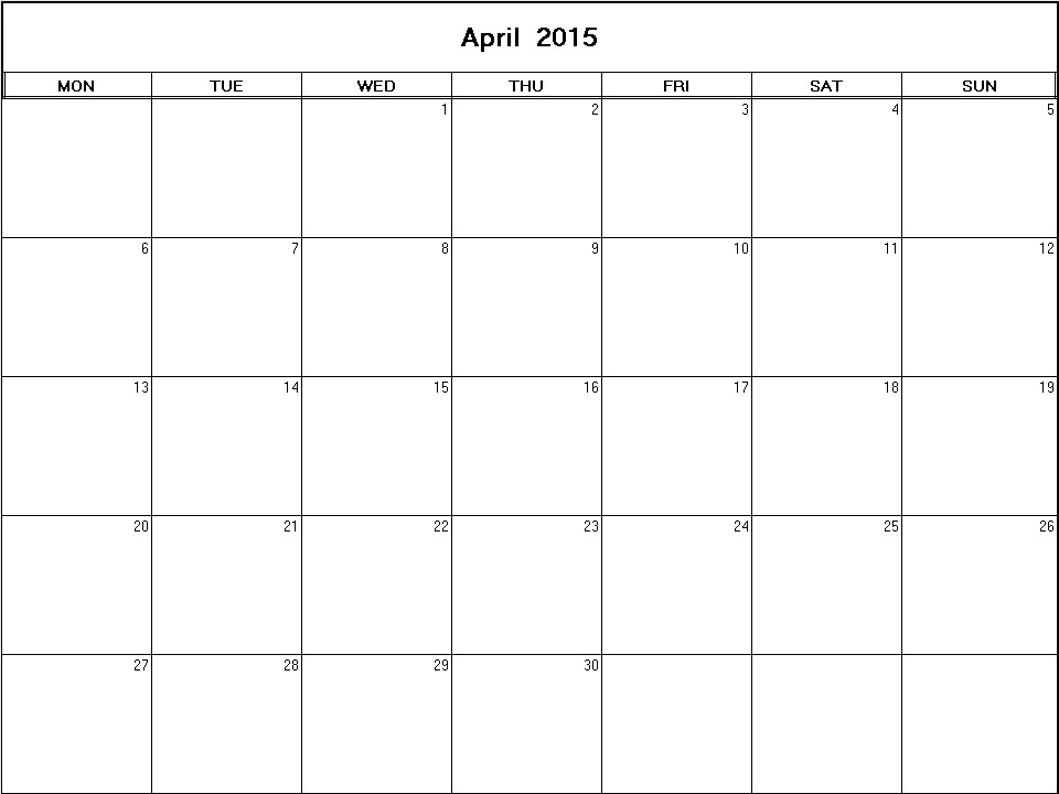printable blank calendar image for April 2015