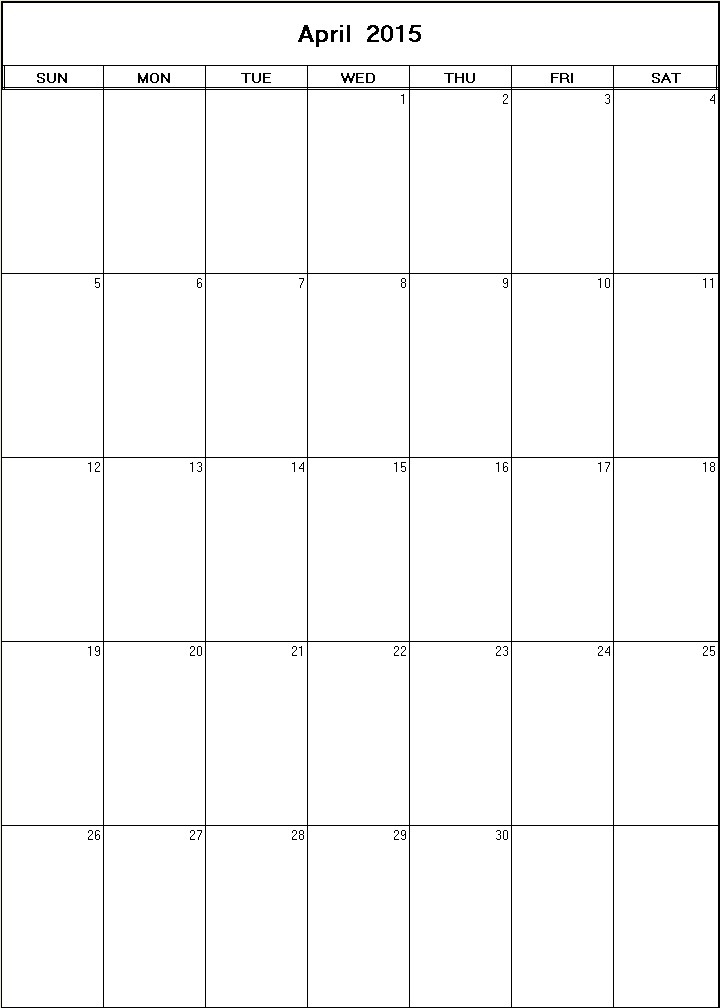 printable blank calendar image for April 2015