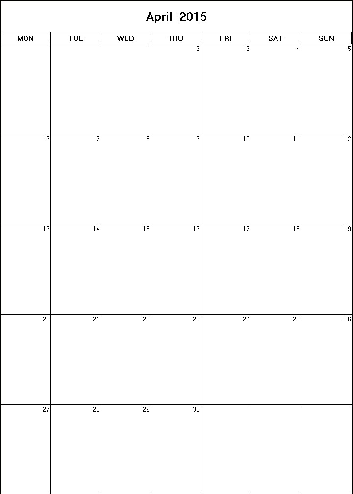 printable blank calendar image for April 2015