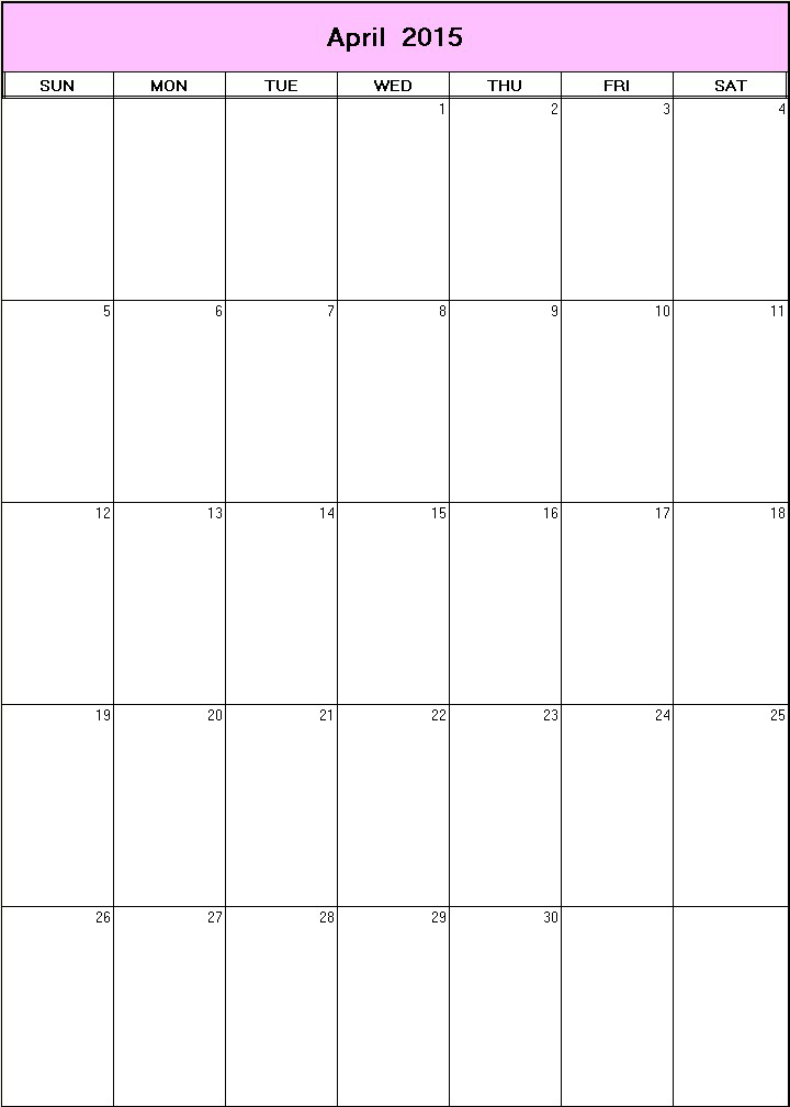printable blank calendar image for April 2015