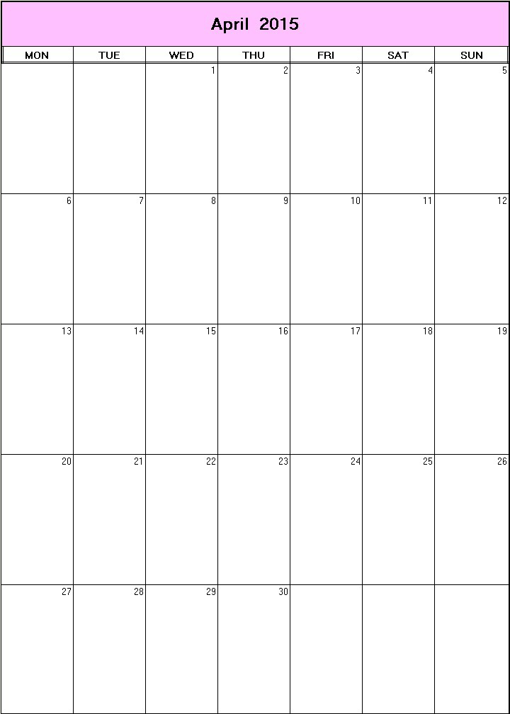 printable blank calendar image for April 2015