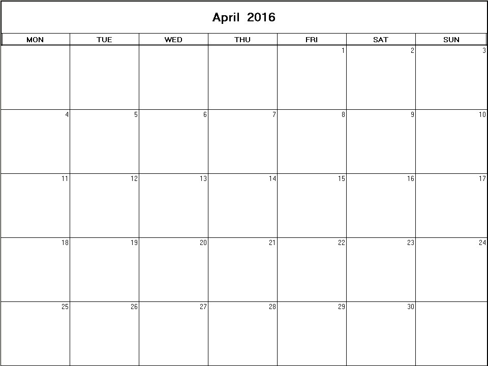 printable blank calendar image for April 2016