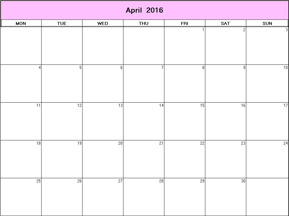 printable blank calendar image for April 2016