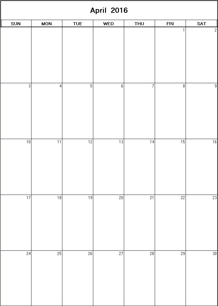 printable blank calendar image for April 2016
