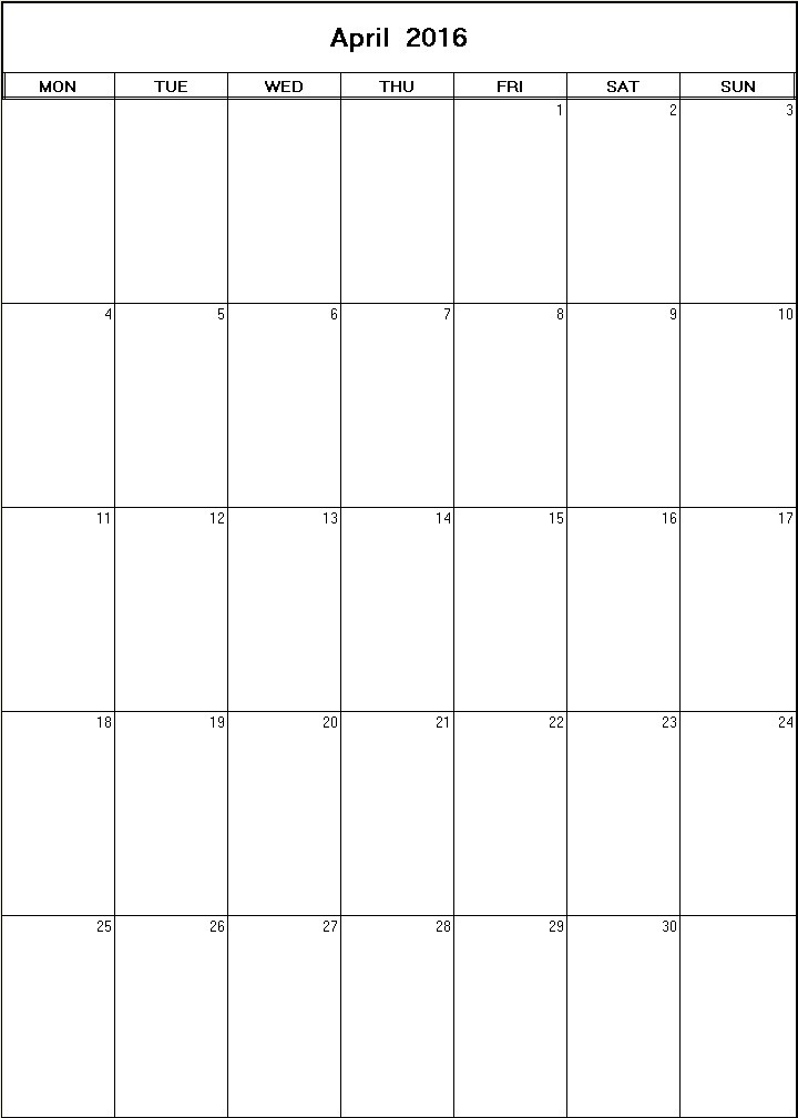 printable blank calendar image for April 2016