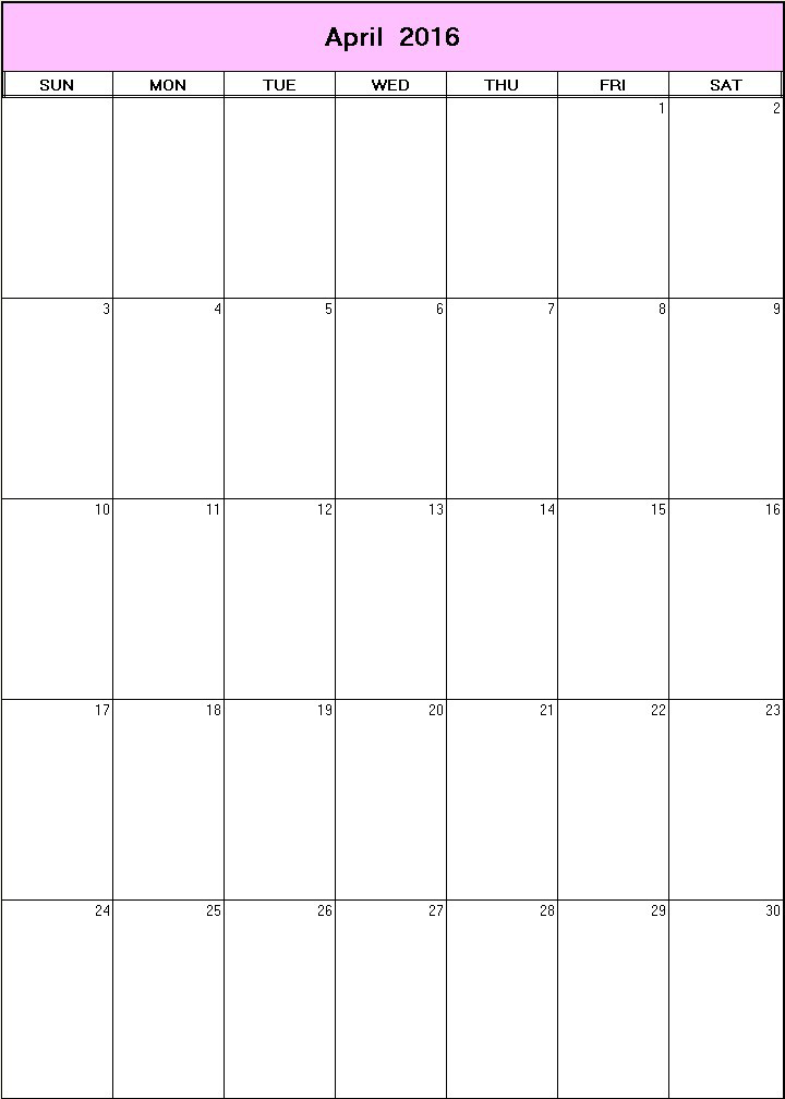 printable blank calendar image for April 2016