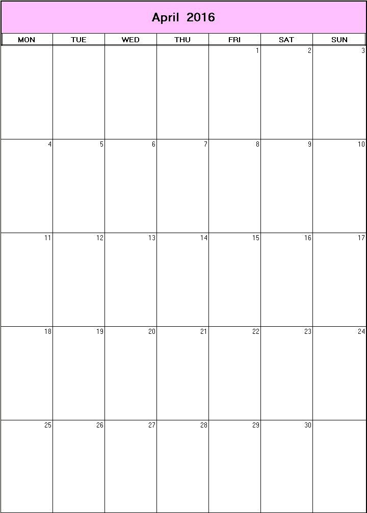 printable blank calendar image for April 2016