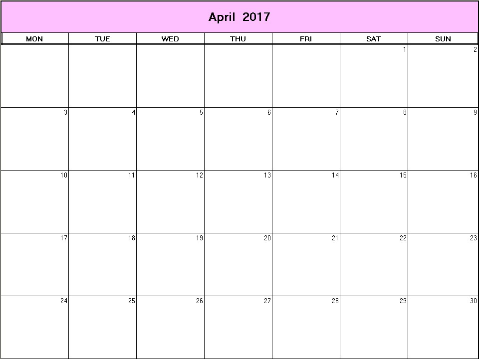 printable blank calendar image for April 2017