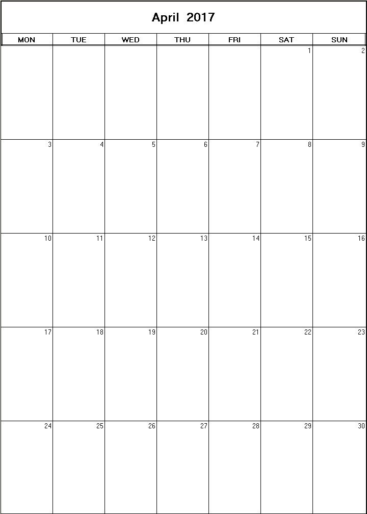 printable blank calendar image for April 2017