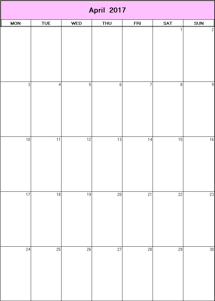 printable blank calendar image for April 2017