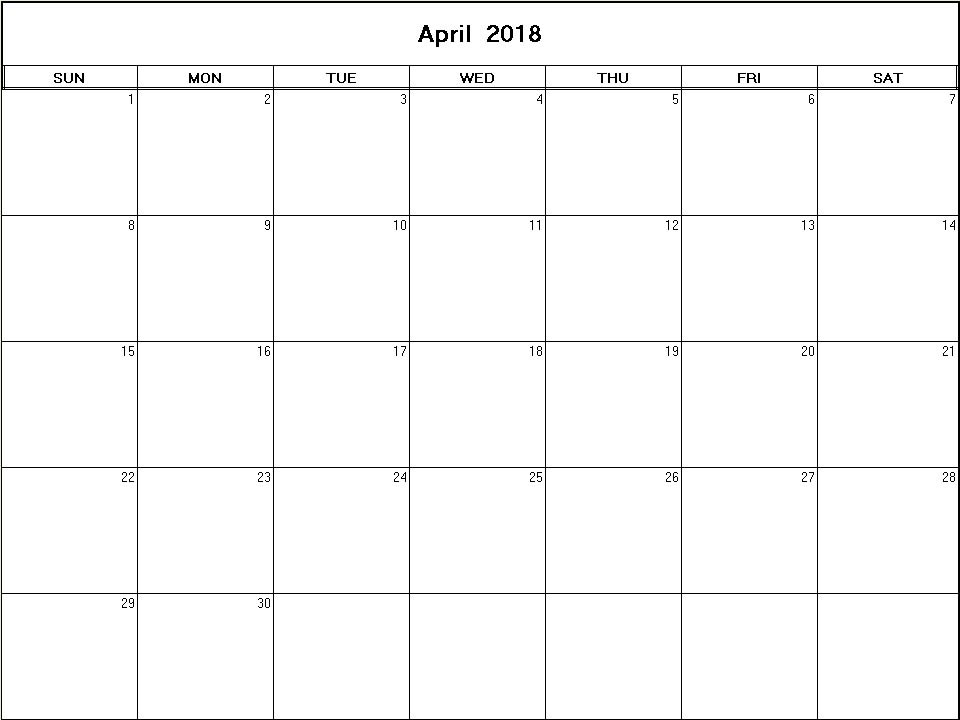 printable blank calendar image for April 2018