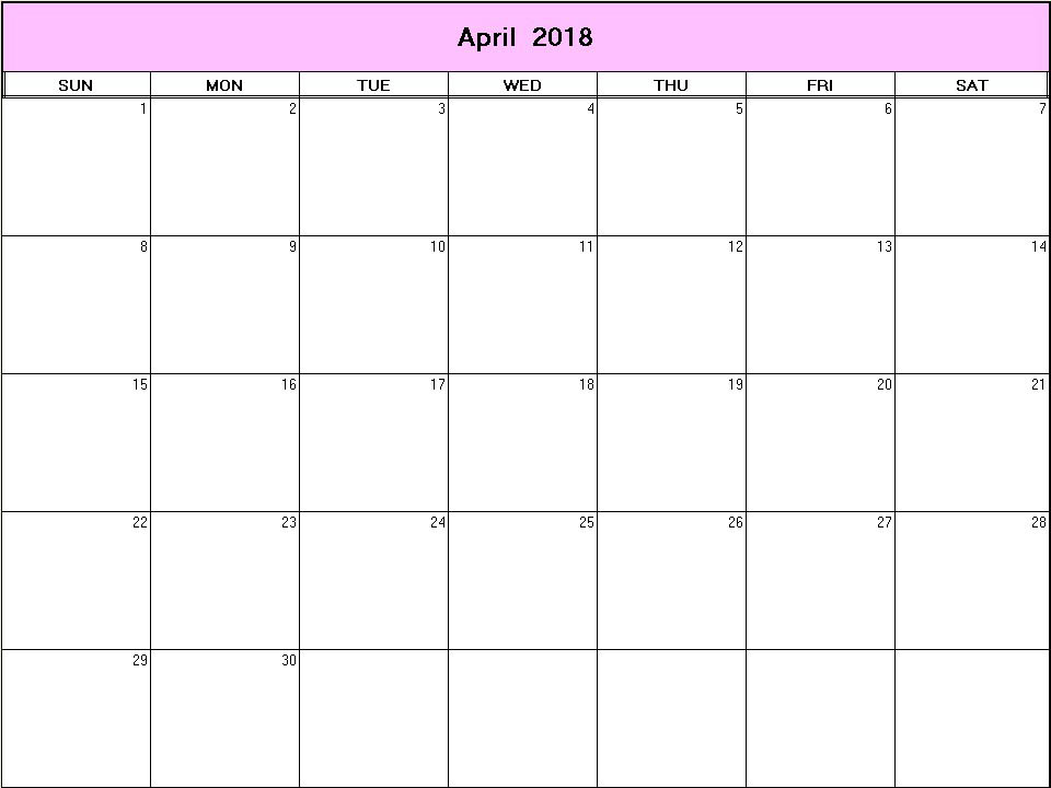 printable blank calendar image for April 2018